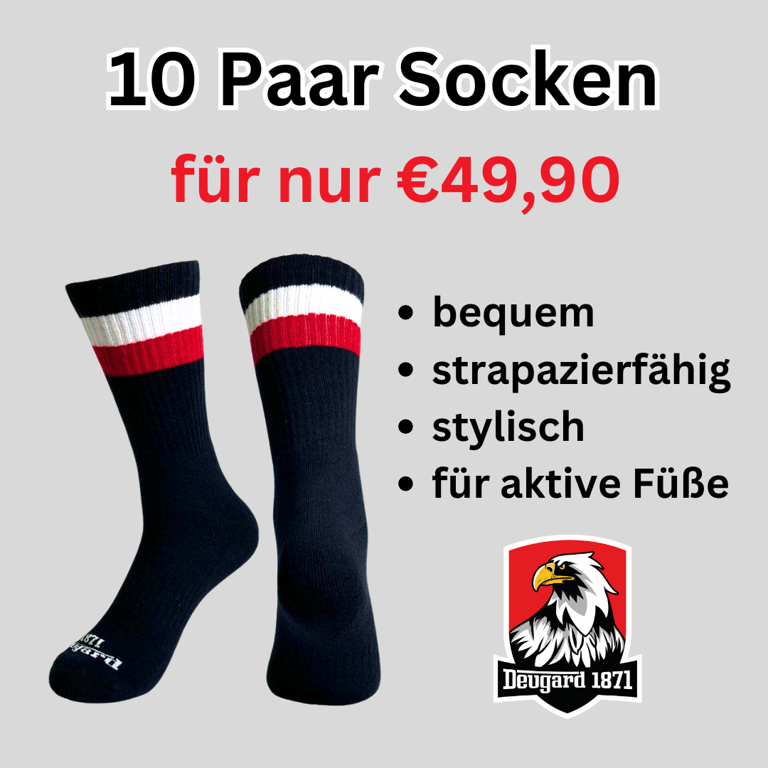 10er Pack schwarze Socken, halbhoch, schwarz-weiß-rot gestreift, Deutschland Socken