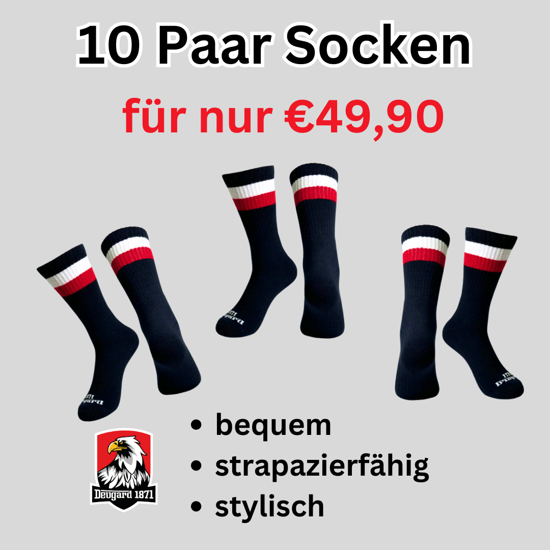 10er Pack schwarze Socken, halbhoch, schwarz-weiß-rot gestreift, Deutschland Socken