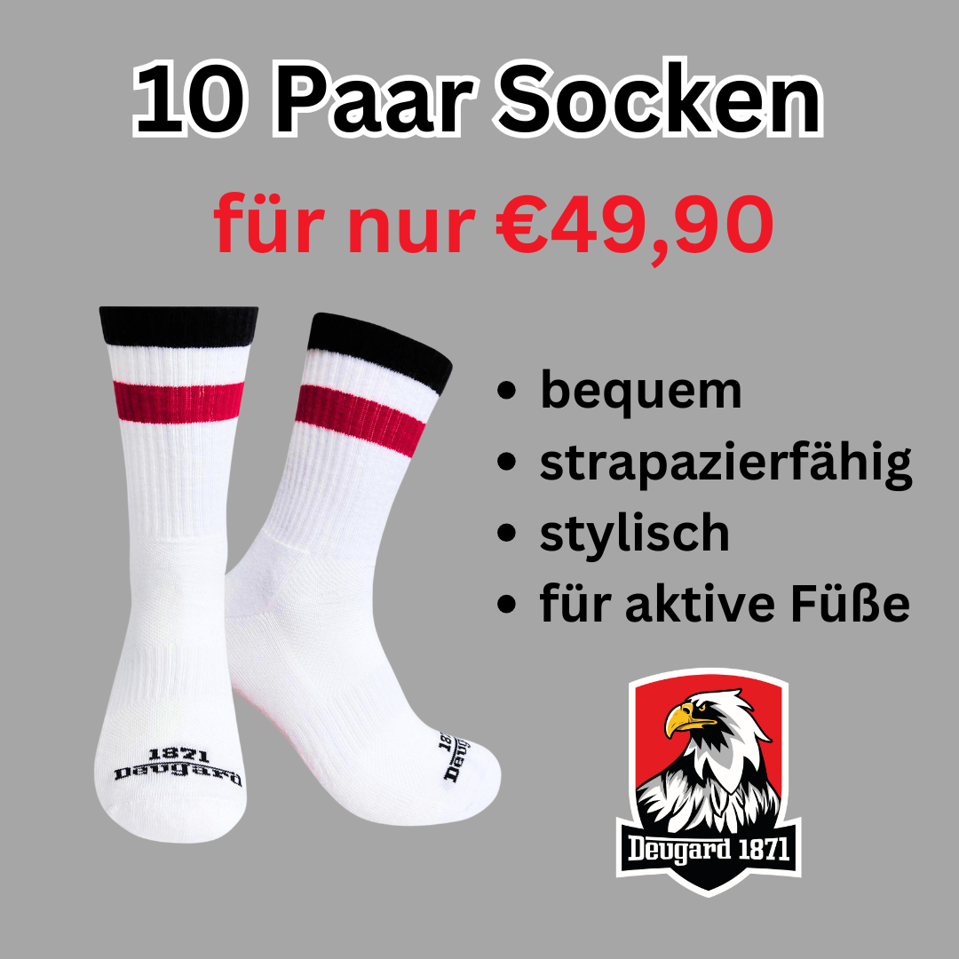 10er Pack weiße Socken, halbhoch, schwarz-weiß-rot gestreift, Deutschland Socken