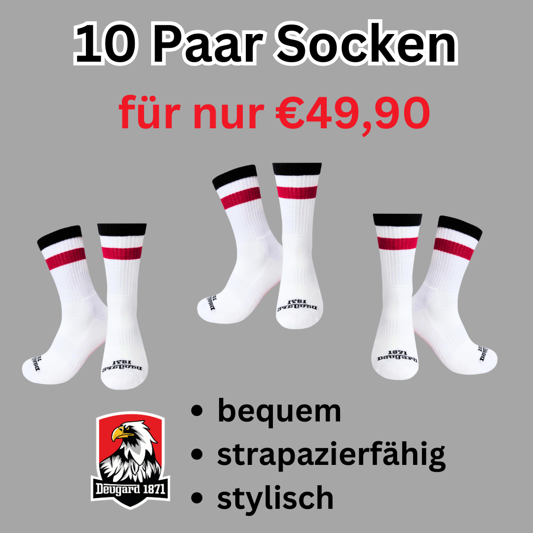 10er Pack weiße Socken, halbhoch, schwarz-weiß-rot gestreift, Deutschland Socken