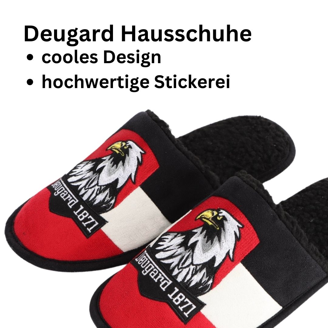 Warme Hausschuhe, Hausschlappen für Männer, Obermaterial Wildleder, Innenfutter ist Kunstpelz, schwarz-weiß-rot gestreift www.deugard.com Deugard 1871
