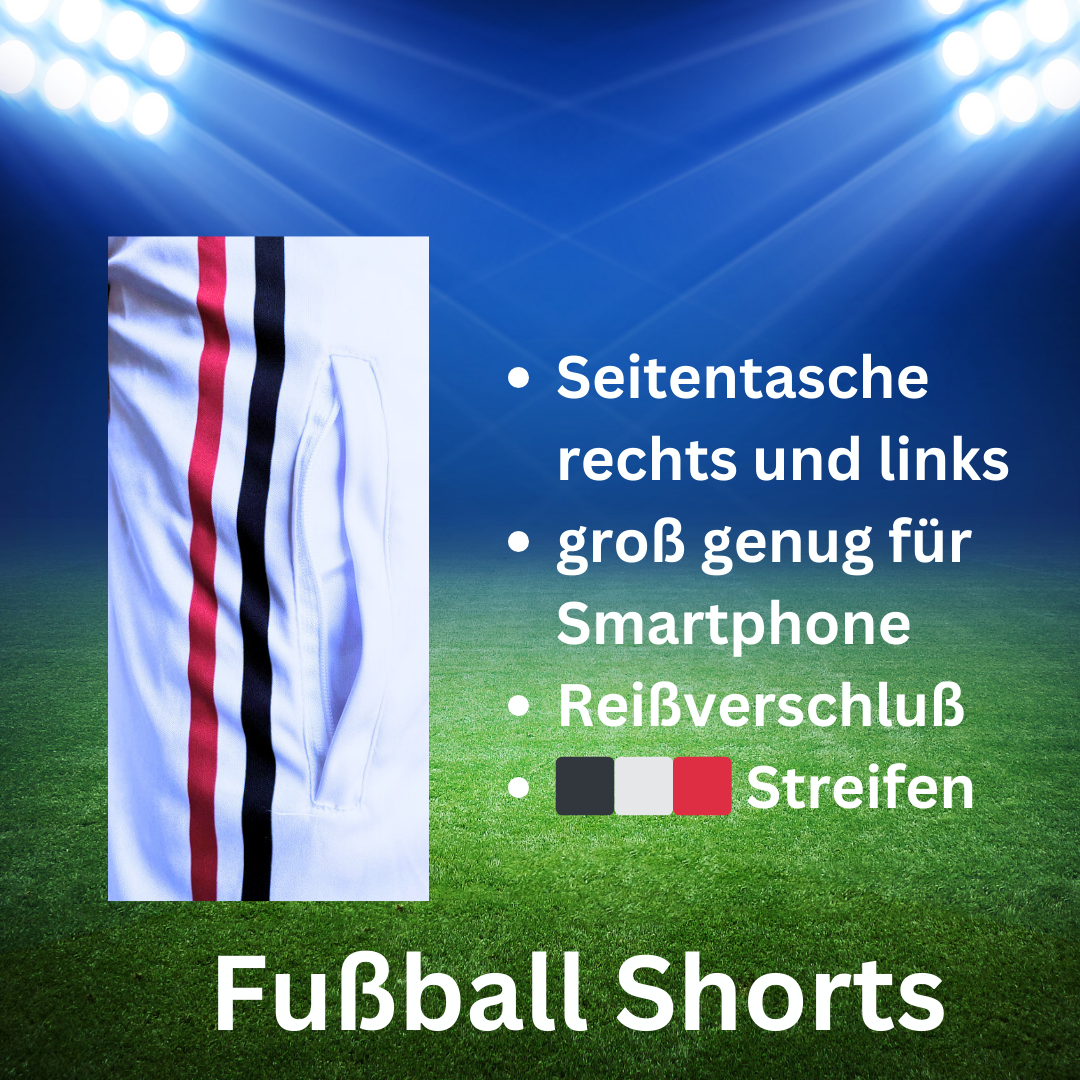 Fußball Shorts Deutsches Reich, schwarz-weiß-rot, mit Seitentaschen und Reißverschlüssen