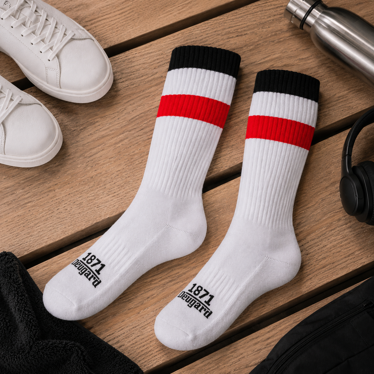 10er Pack Fußballsocken, weiß, mit schwarz-weiß-roten Streifen