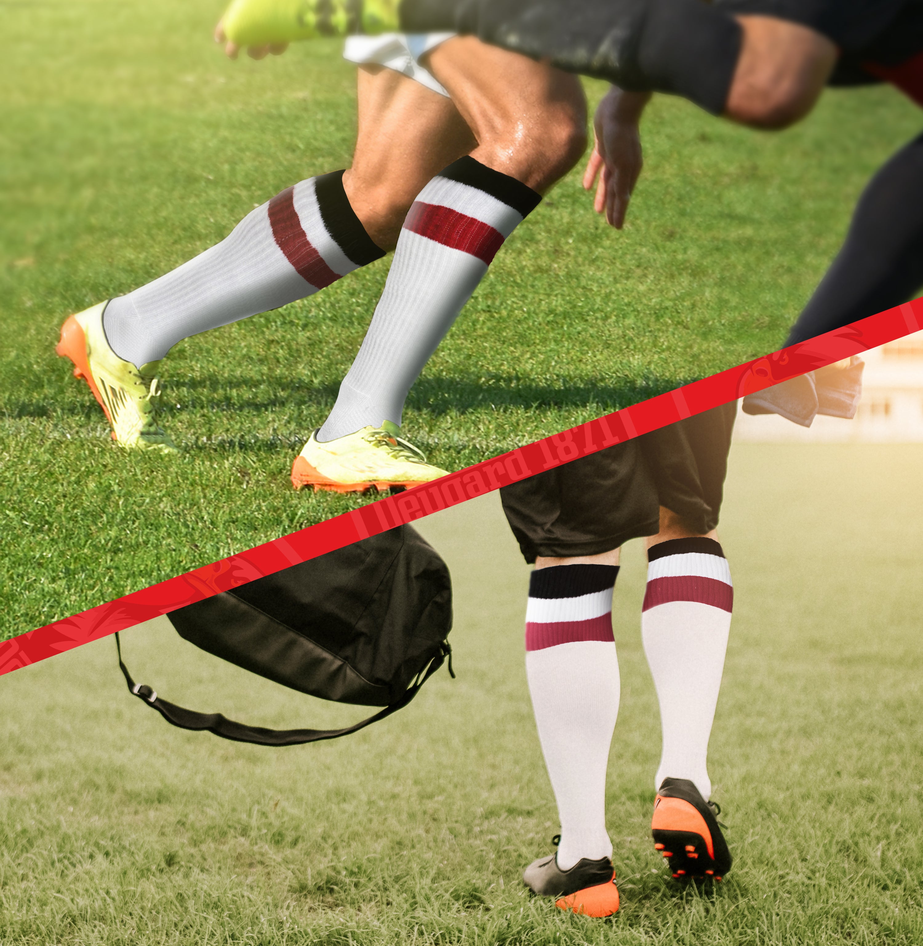 Fußballsocken, weiß, mit schwarz-weiß-roten Streifen
