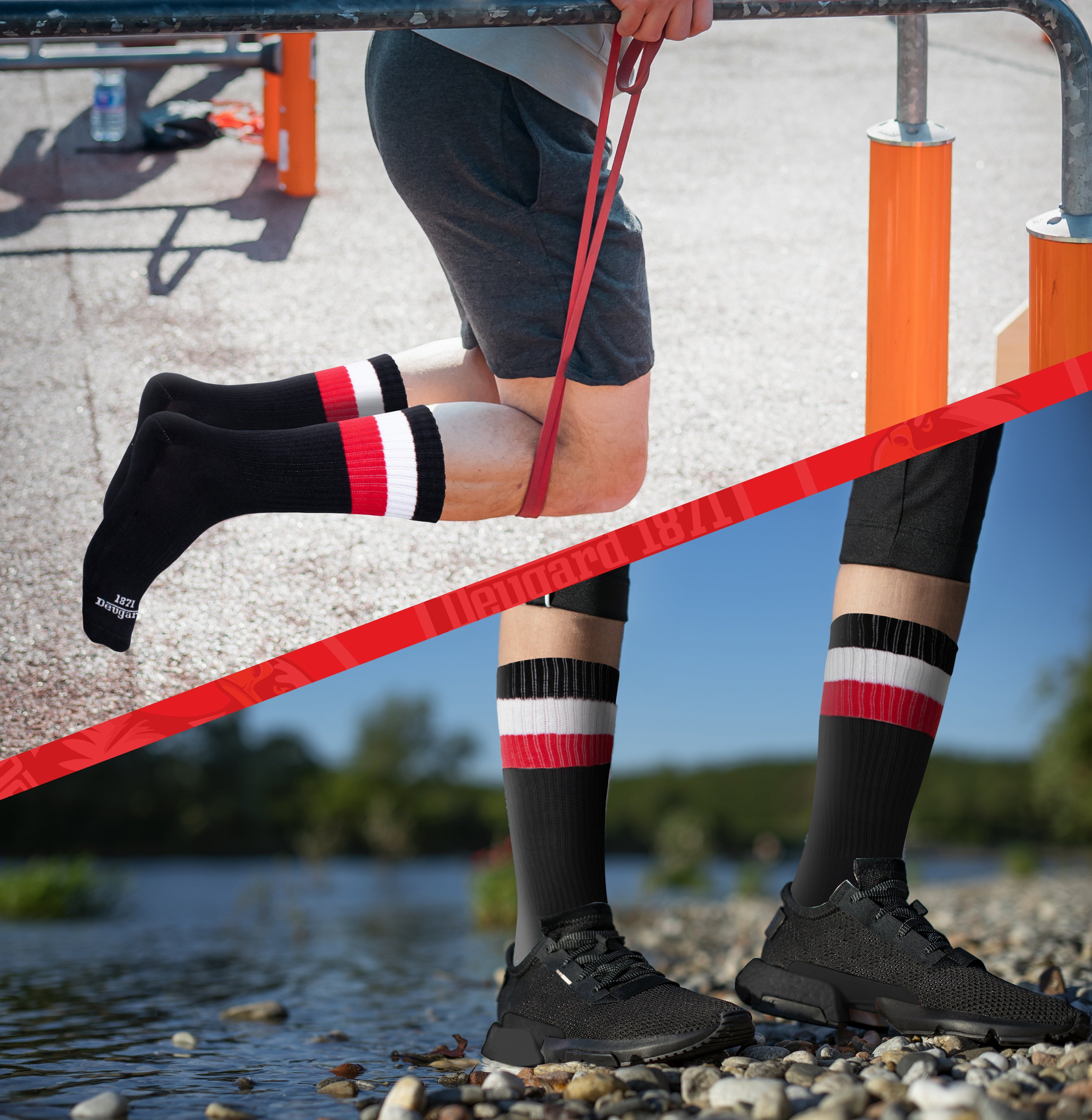 Schwarze Socken, halbhoch, schwarz-weiß-rot gestreift, Deutschland Socken