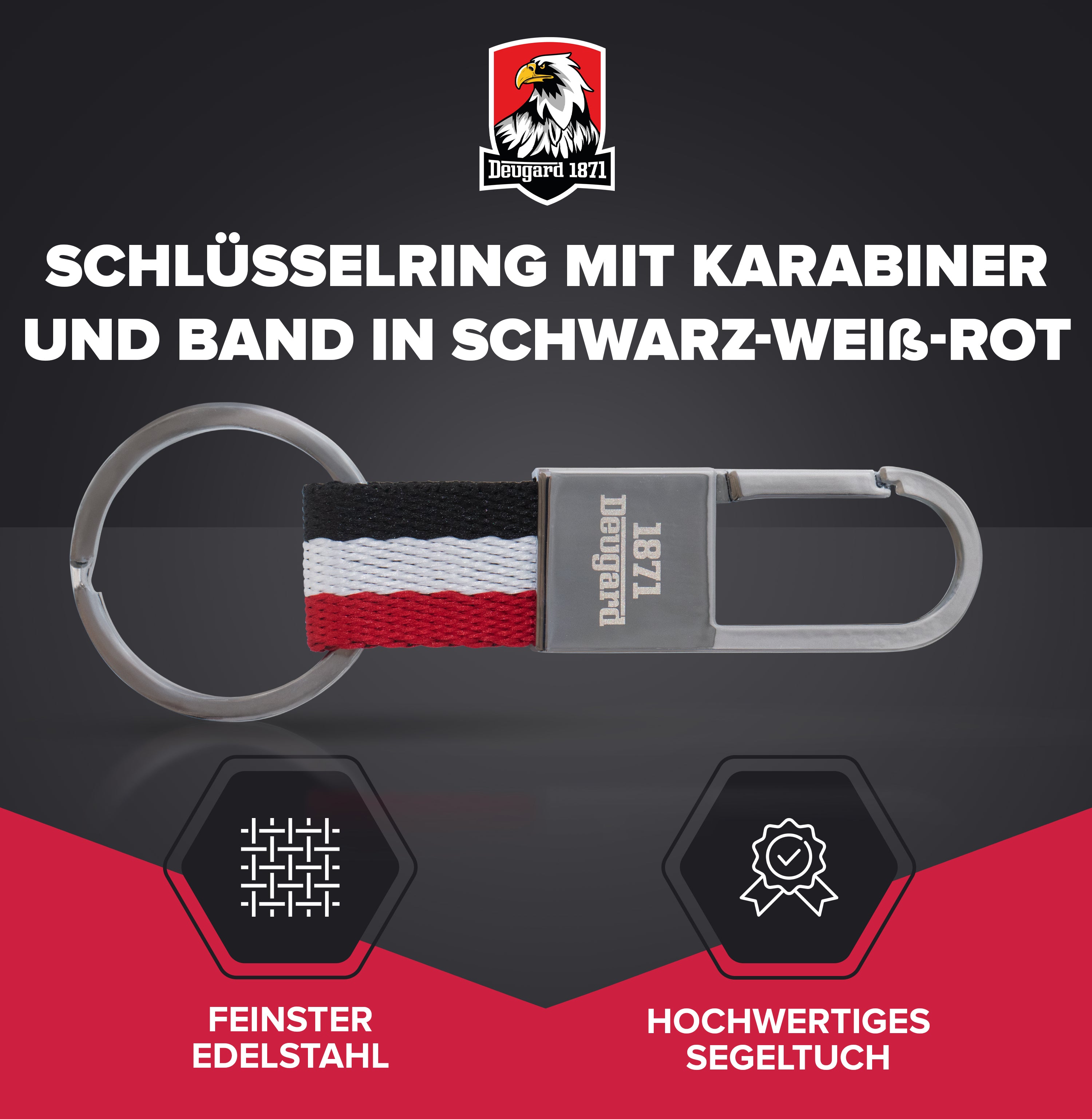 Exklusiver Karabiner mit Schlüsselring und schwarz-weiß-rotem Band, Deutschland
