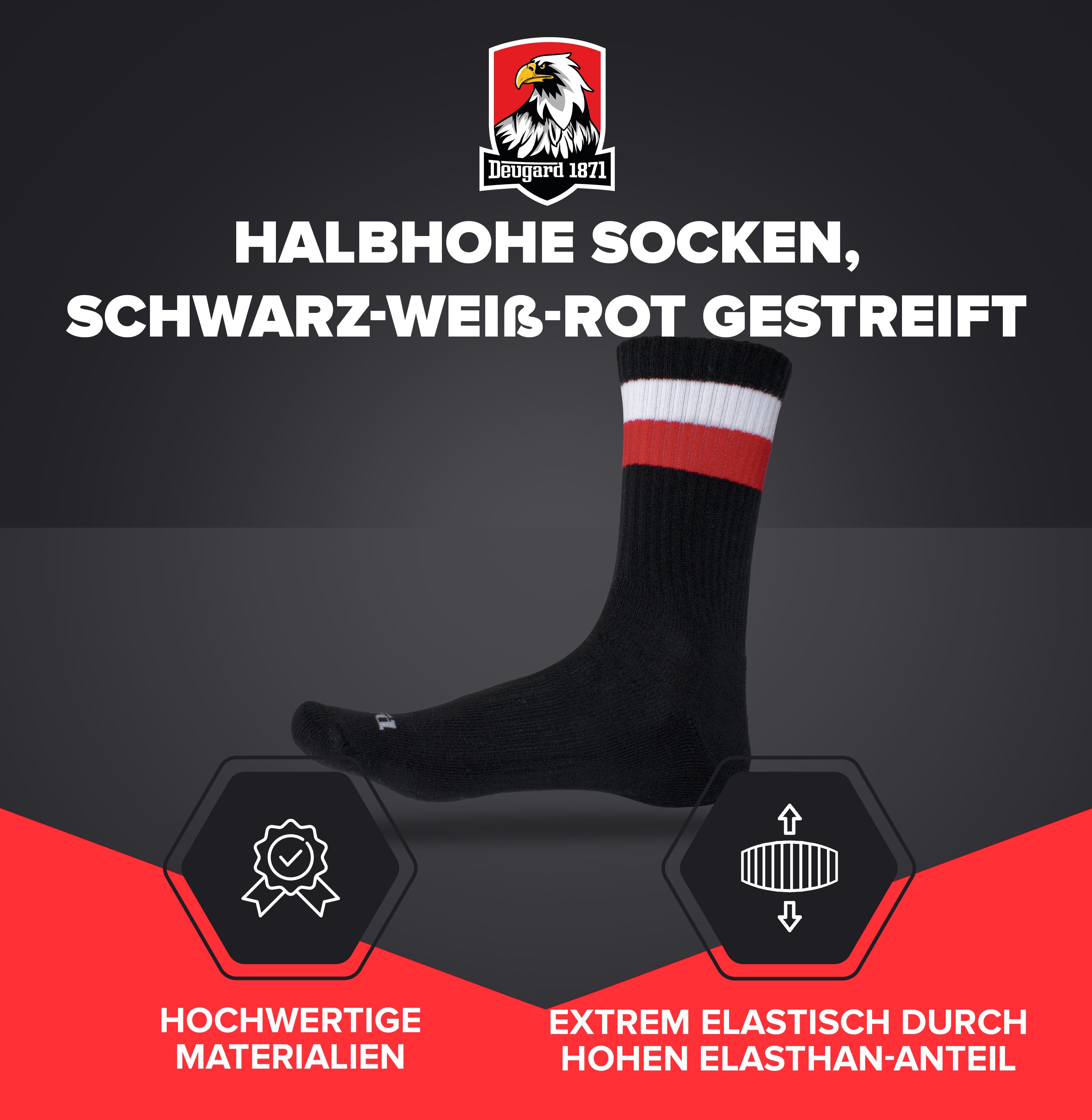 Schwarze Socken, halbhoch, schwarz-weiß-rot gestreift, Deutschland Socken