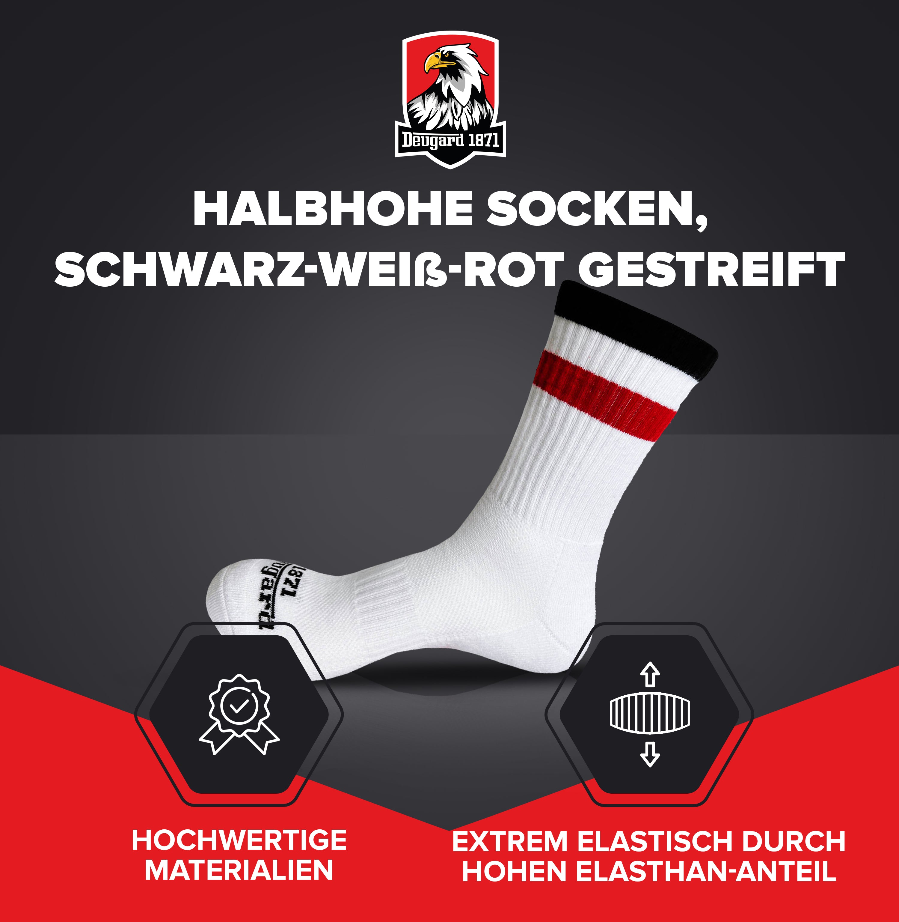 Weiße Socken, halbhoch, schwarz-weiß-rot gestreift