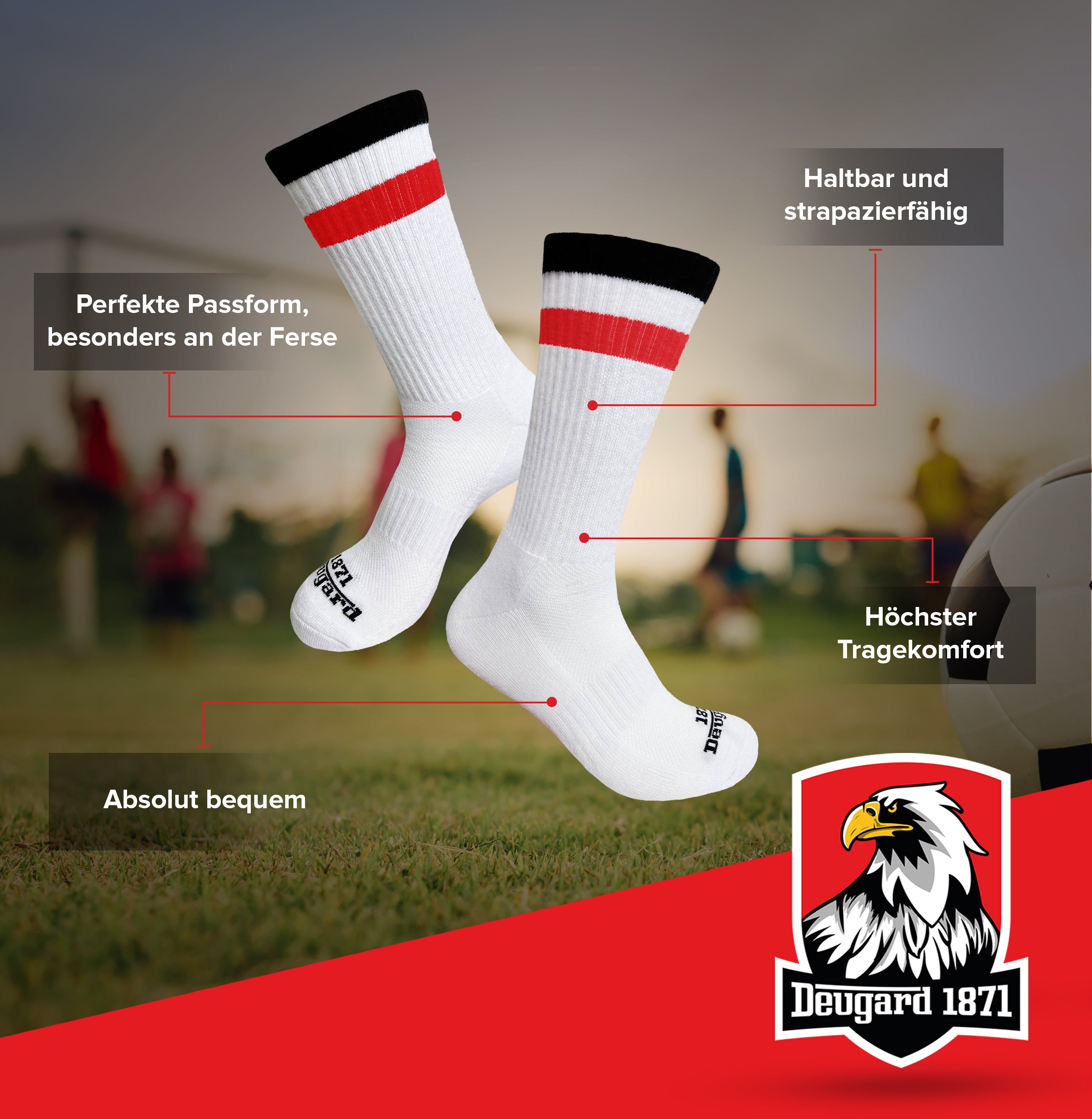 Fußballsocken, weiß, mit schwarz-weiß-roten Streifen