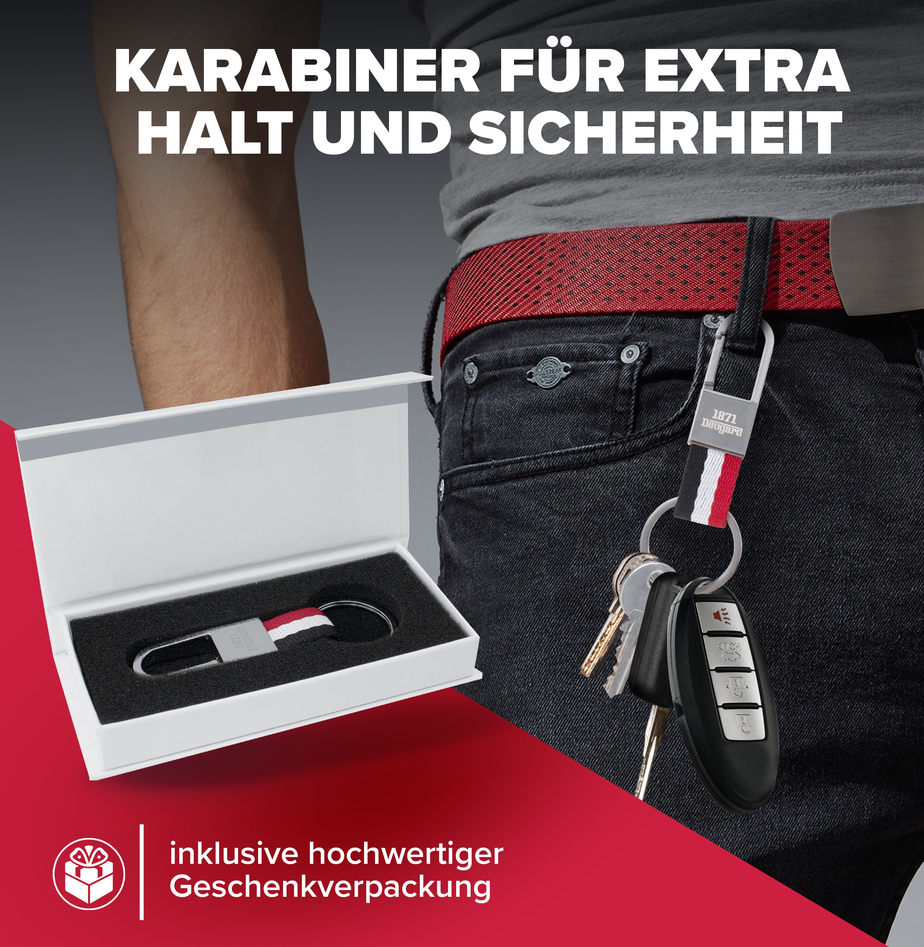 Exklusiver Karabiner mit Schlüsselring und schwarz-weiß-rotem Band, Deutschland