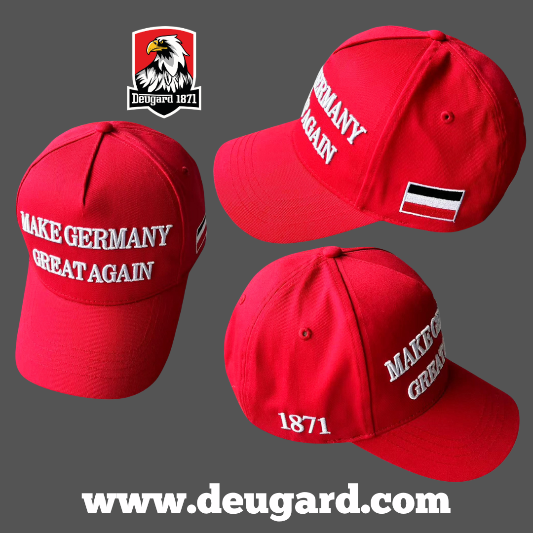 "Make Germany Great Again"  rote Baseballkappe mit weißer Schrift, Fahne in schwarz-weiß-rot