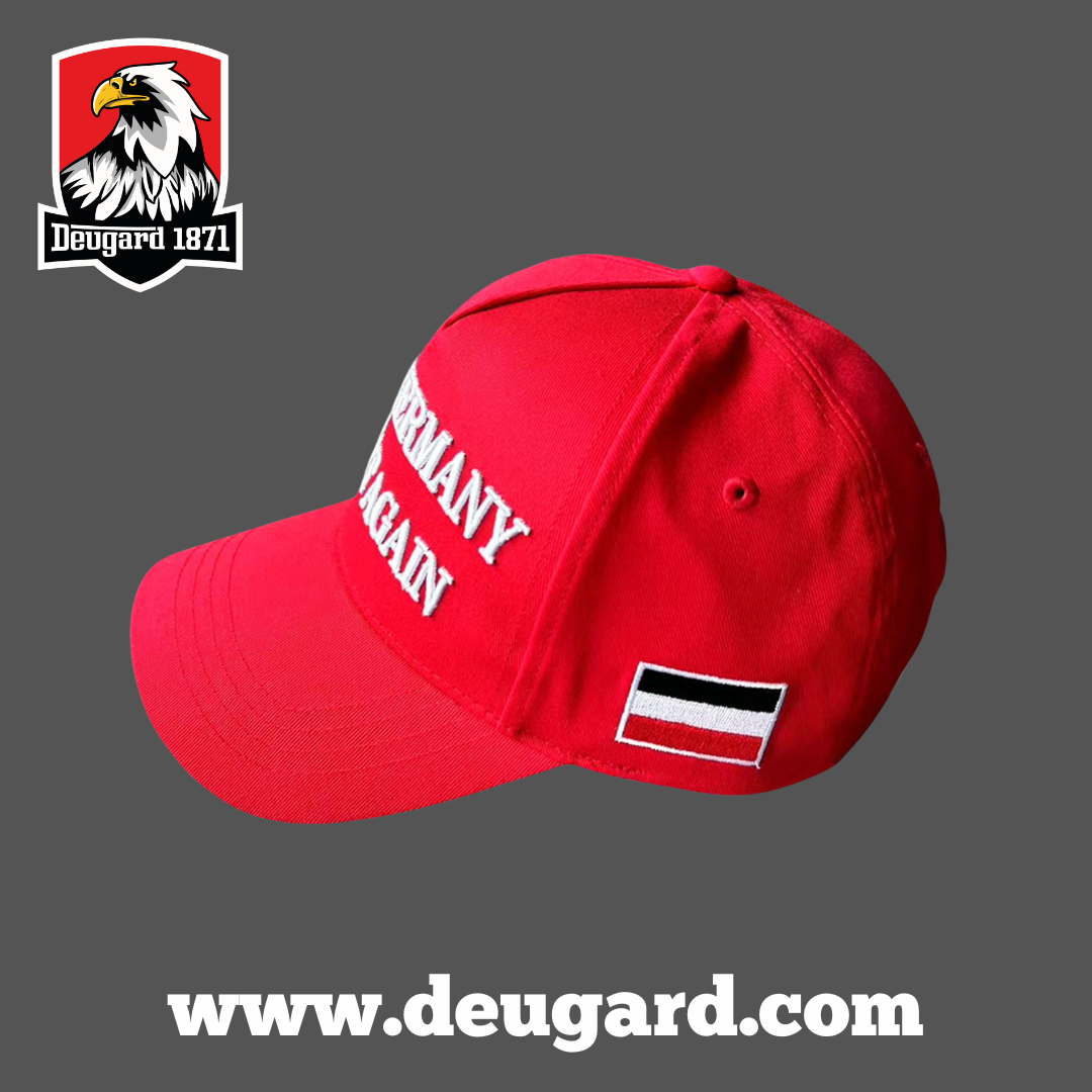 "Make Germany Great Again"  rote Baseballkappe mit weißer Schrift, Fahne in schwarz-weiß-rot