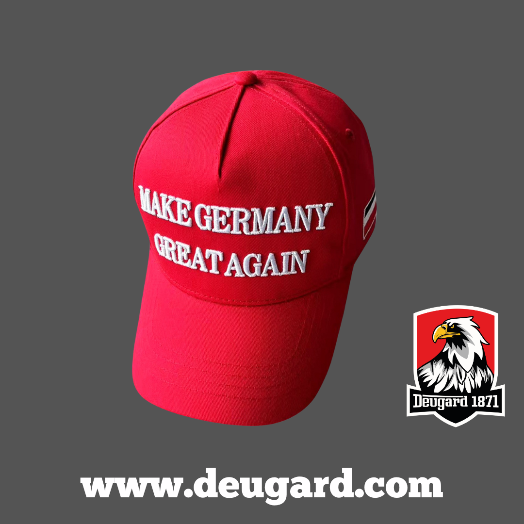 "Make Germany Great Again"  rote Baseballkappe mit weißer Schrift, Fahne in schwarz-weiß-rot