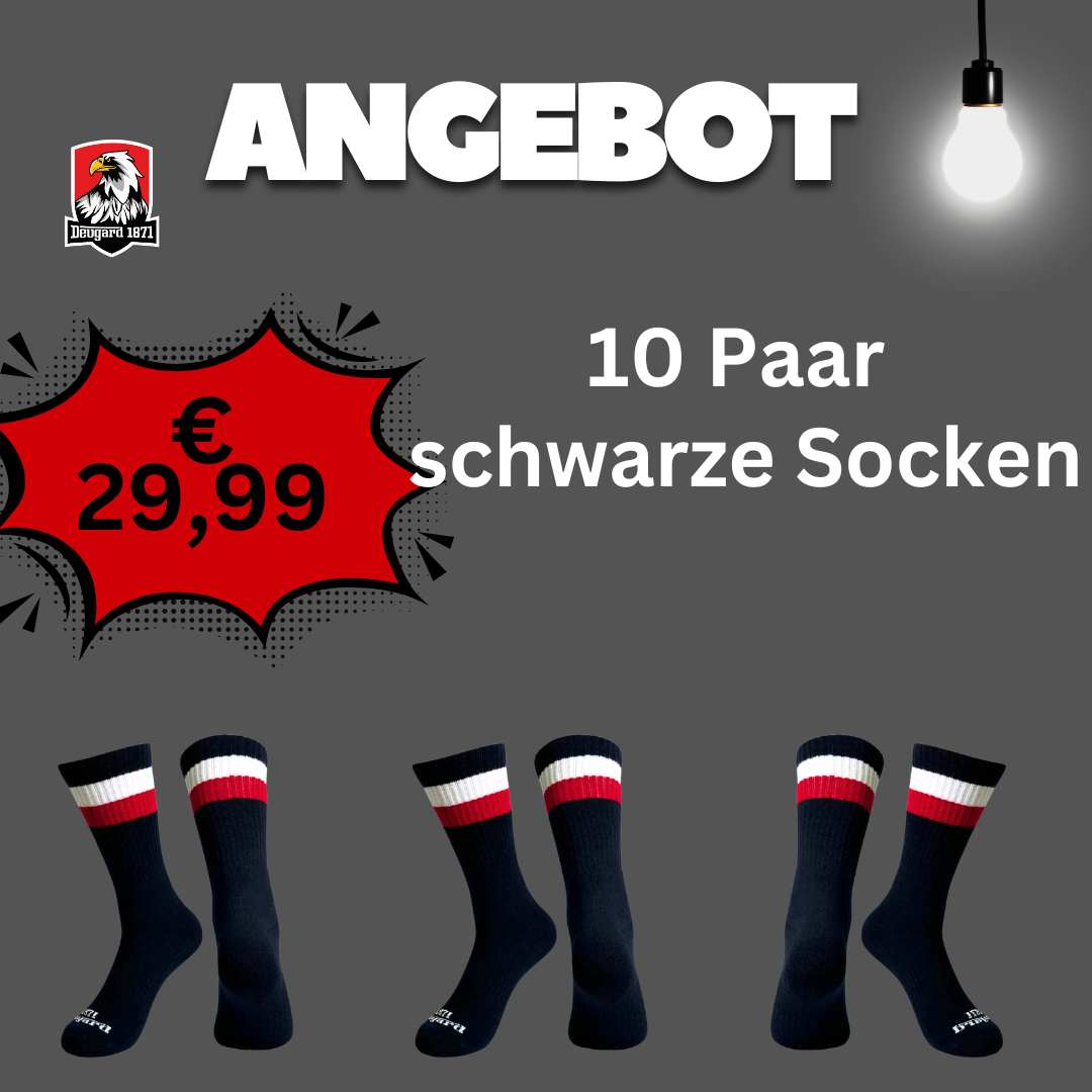 10er Pack schwarze Socken, halbhoch, schwarz-weiß-rot gestreift, Deutschland Socken