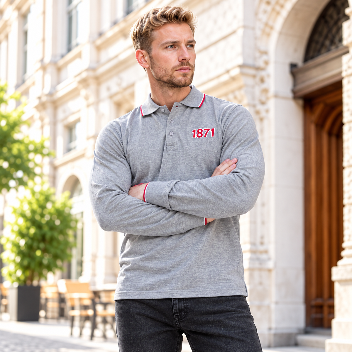 Graues Polo langarm 1871 mit Stickerei