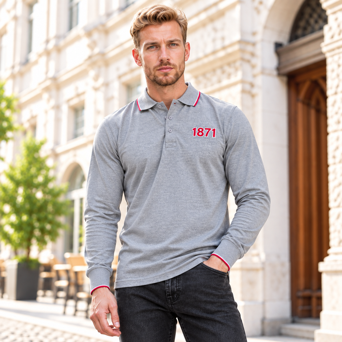 Graues Polo langarm 1871 mit Stickerei