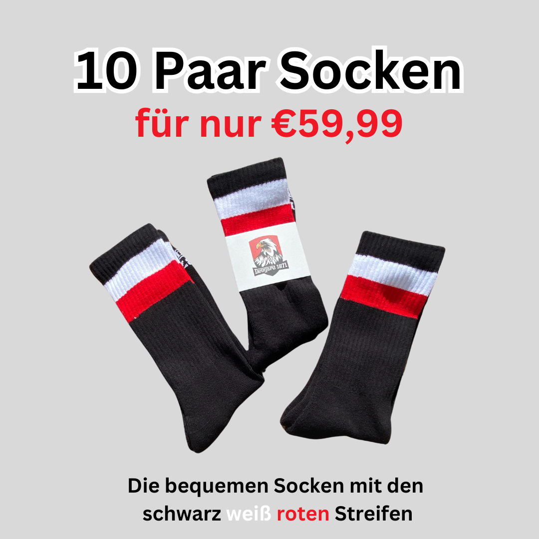 10er Pack schwarze Socken, halbhoch, schwarz-weiß-rot gestreift, Deutschland Socken