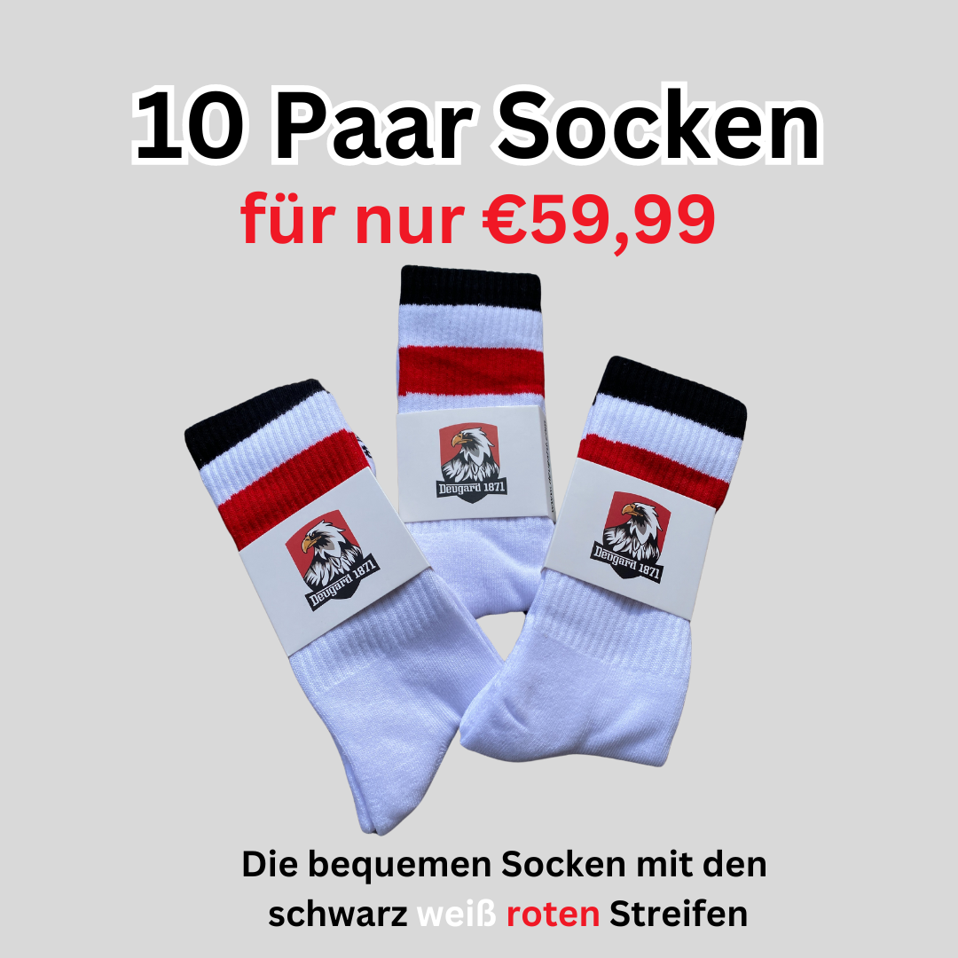 10er Pack weiße Socken, halbhoch, schwarz-weiß-rot gestreift, Deutschland Socken