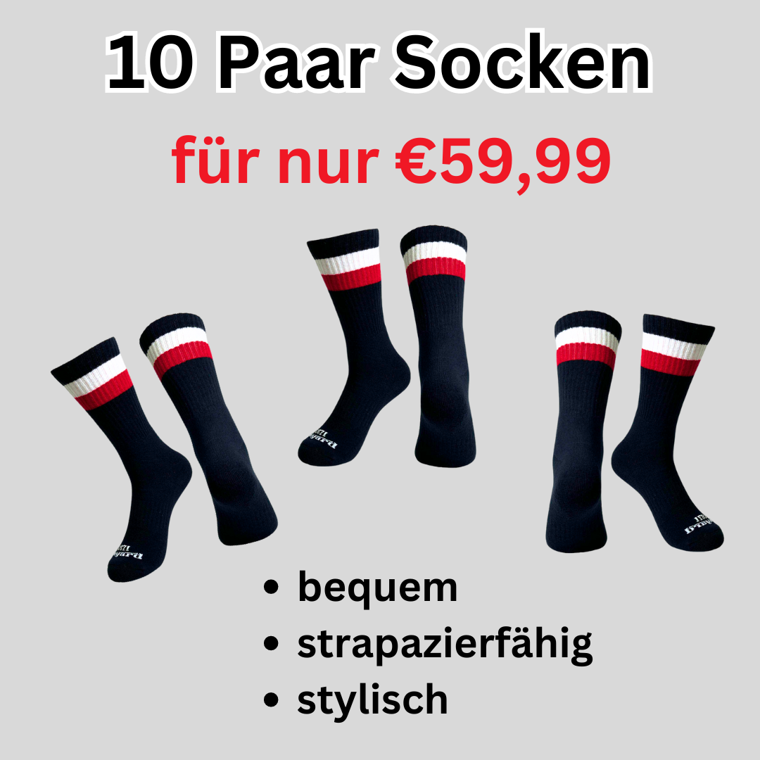 10er Pack schwarze Socken, halbhoch, schwarz-weiß-rot gestreift, Deutschland Socken