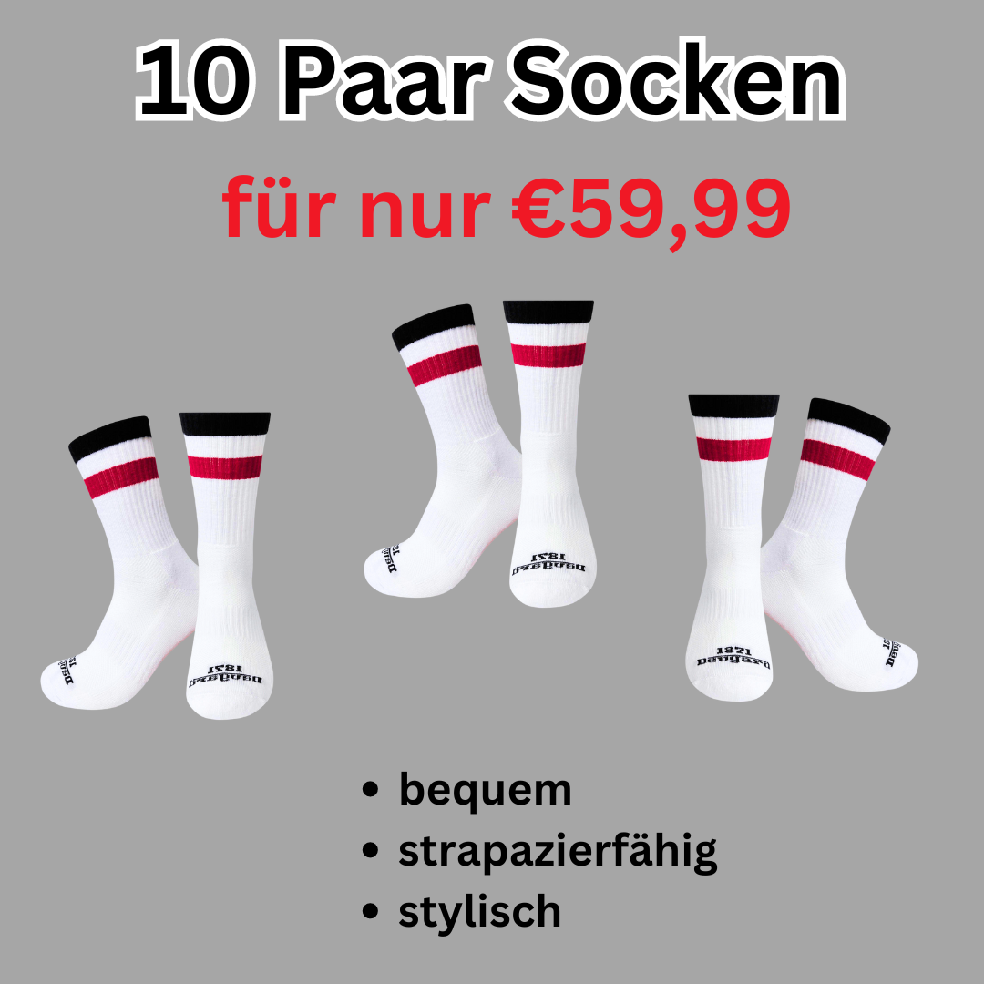 10er Pack weiße Socken, halbhoch, schwarz-weiß-rot gestreift, Deutschland Socken