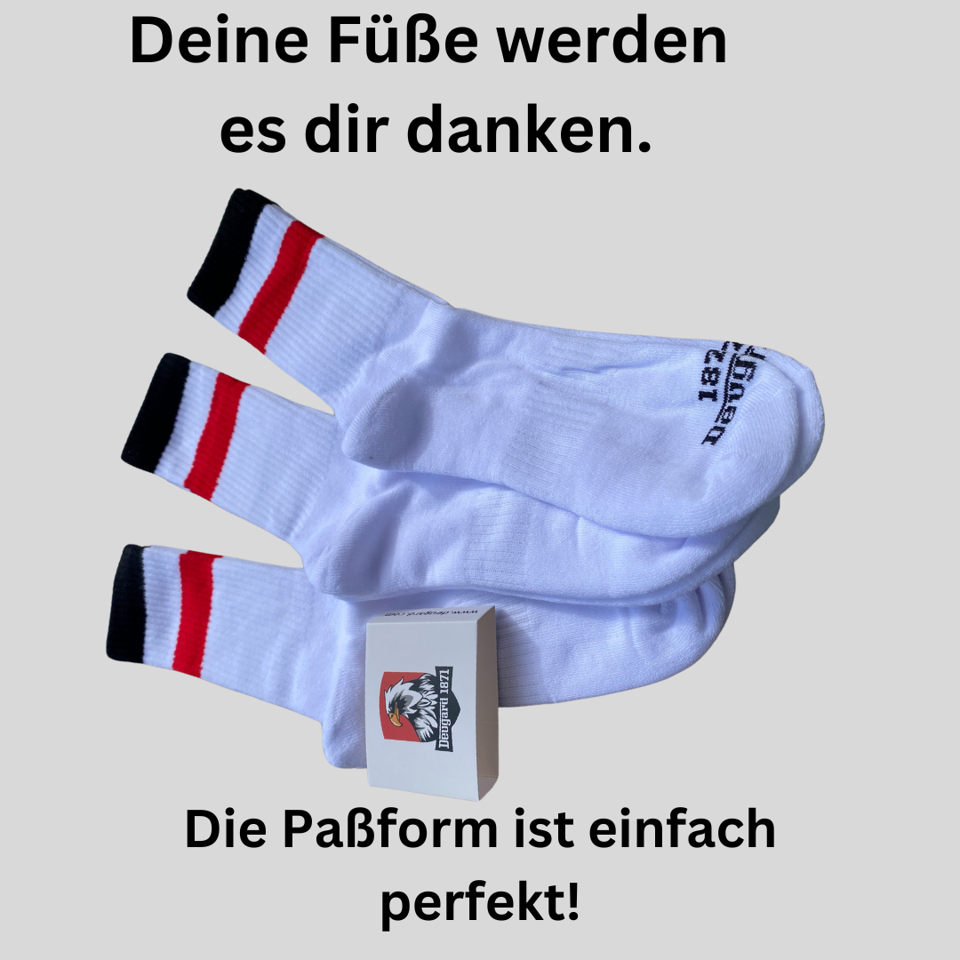 10er Pack weiße Socken, halbhoch, schwarz-weiß-rot gestreift, Deutschland Socken