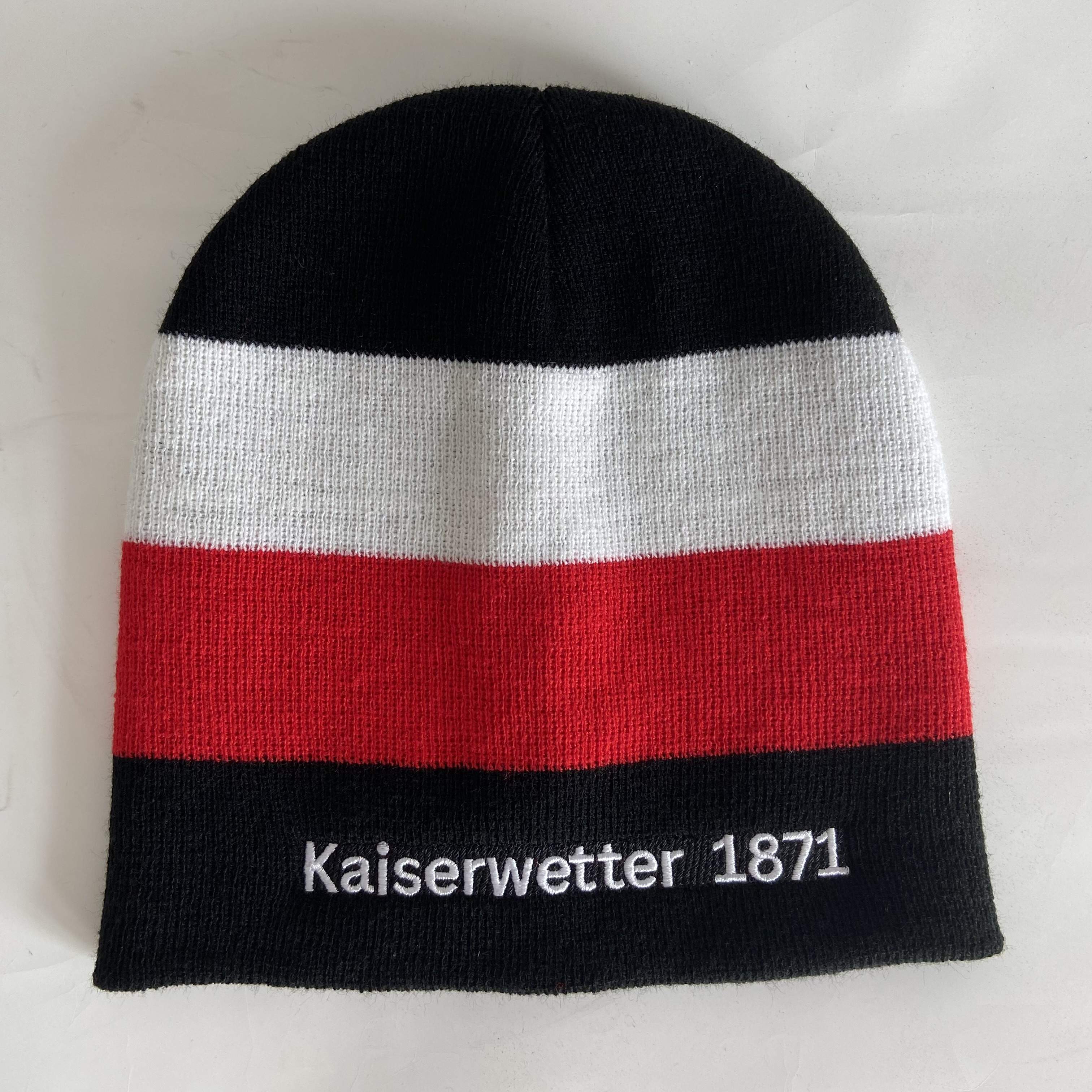 Mütze schwarz weiß rot gestreift mit der Aufschrift Kaiserwetter 1871, Deutschland, Preussen, Deutsches Reich, Kaiser, Bismarck