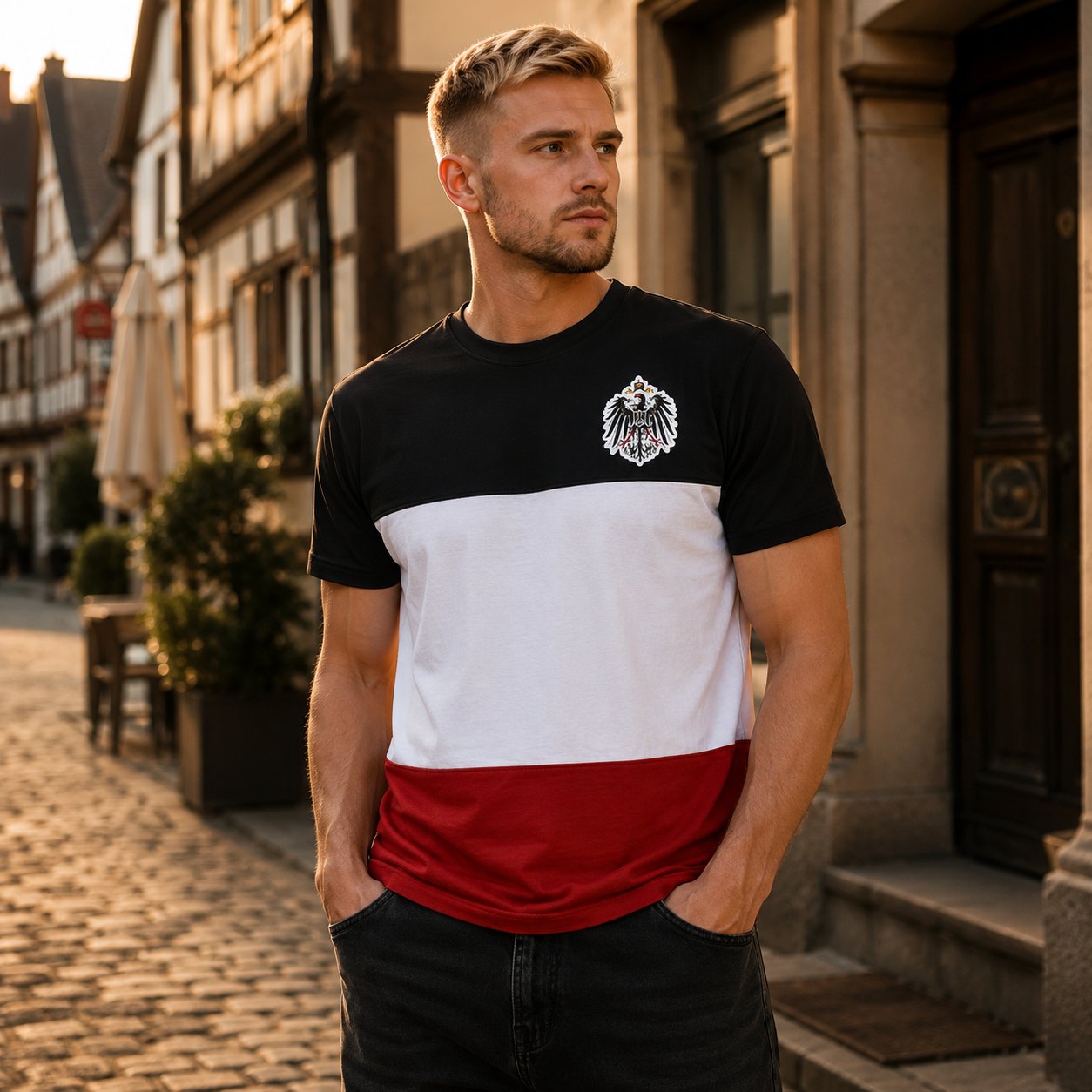 T-Shirt schwarz-weiß-rot gestreift