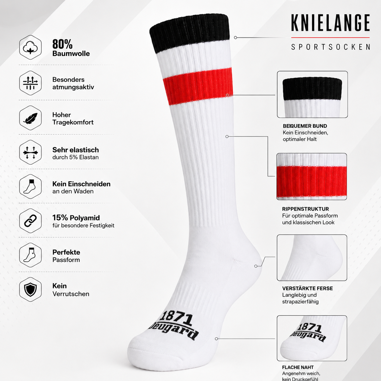 10er Pack Fußballsocken, weiß, mit schwarz-weiß-roten Streifen