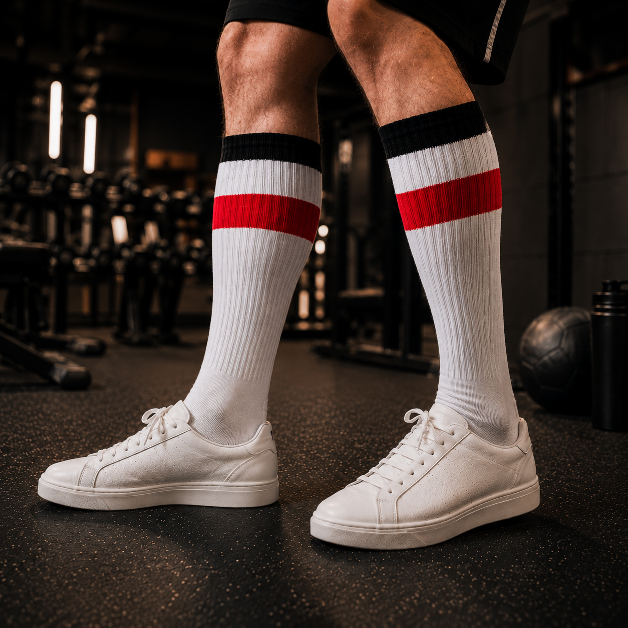 10er Pack Fußballsocken, weiß, mit schwarz-weiß-roten Streifen