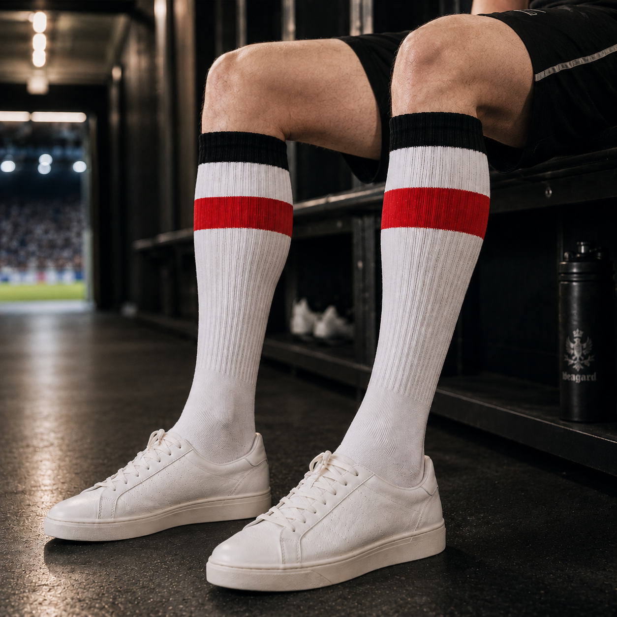 10er Pack Fußballsocken, weiß, mit schwarz-weiß-roten Streifen