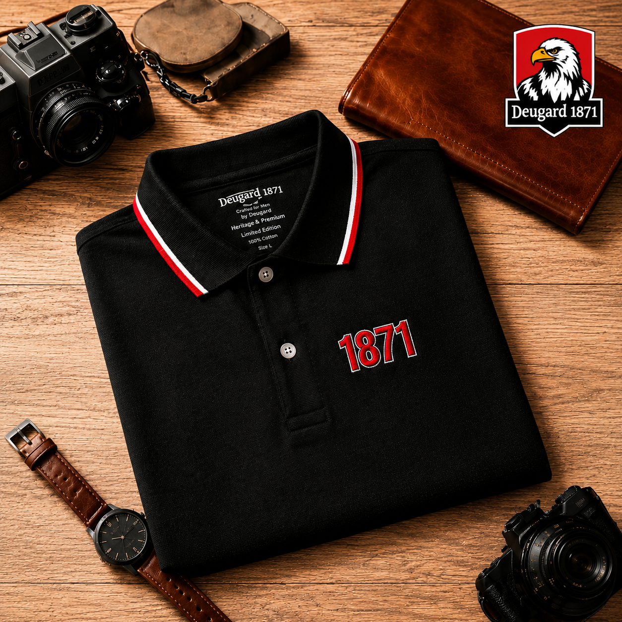 Schwarzes Polo Shirt mit 1871 Stickerei, Deutsches Reich