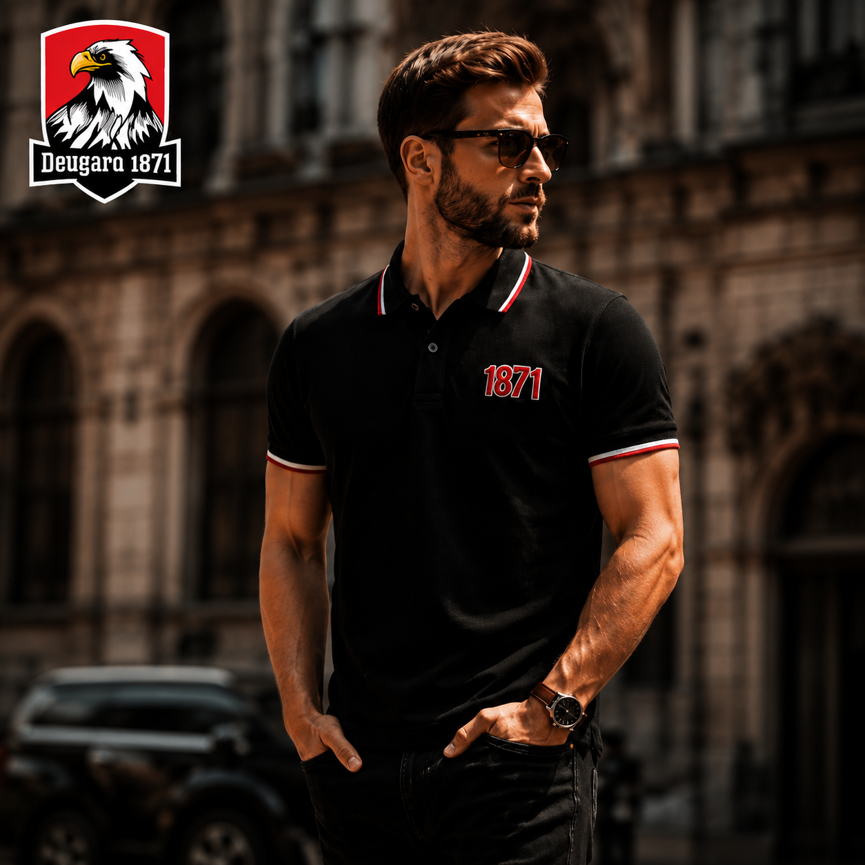 Schwarzes Polo Shirt mit 1871 Stickerei, Deutsches Reich