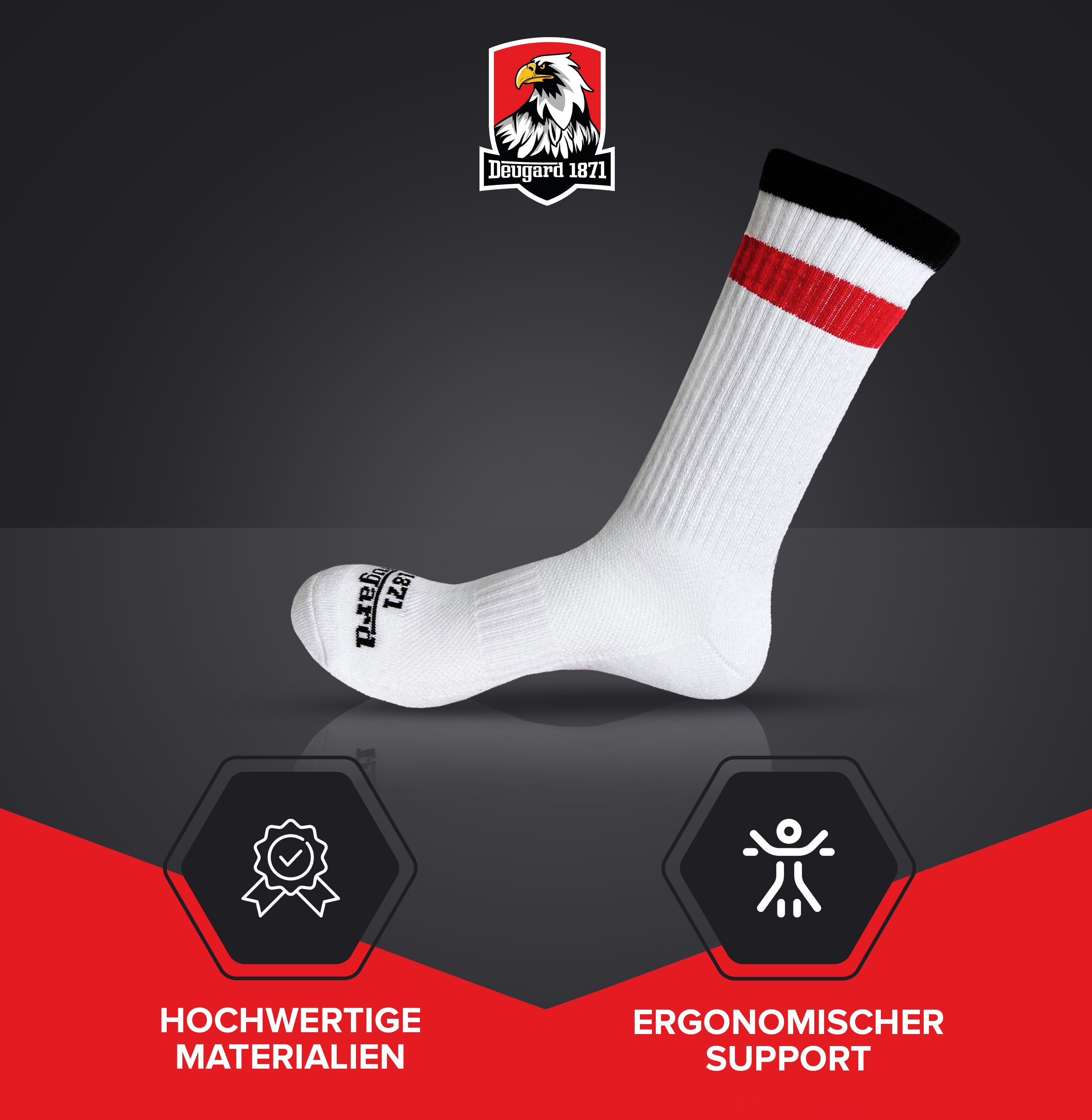 Fußballsocken, weiß, mit schwarz-weiß-roten Streifen