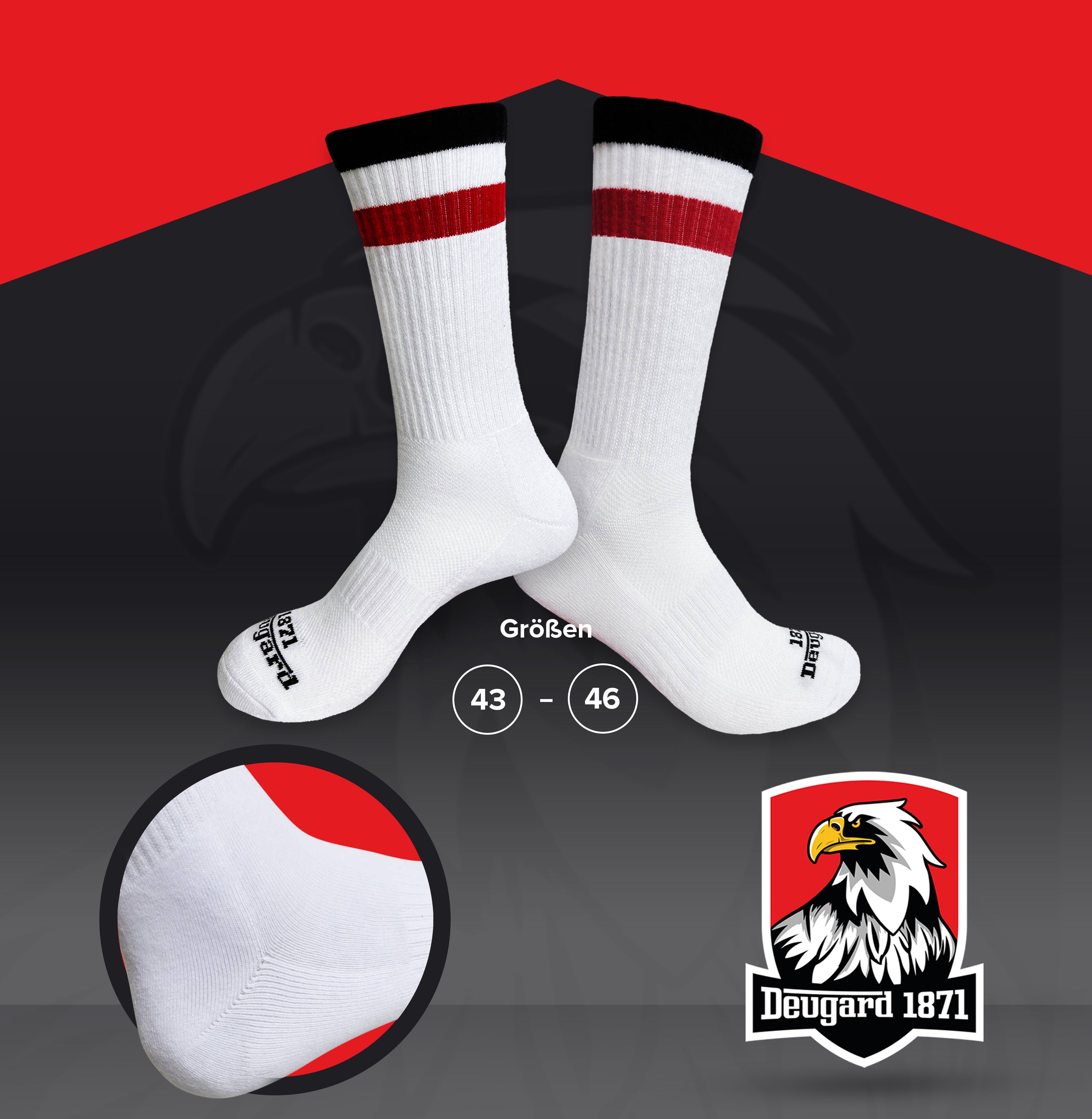 Fußballsocken, weiß, mit schwarz-weiß-roten Streifen