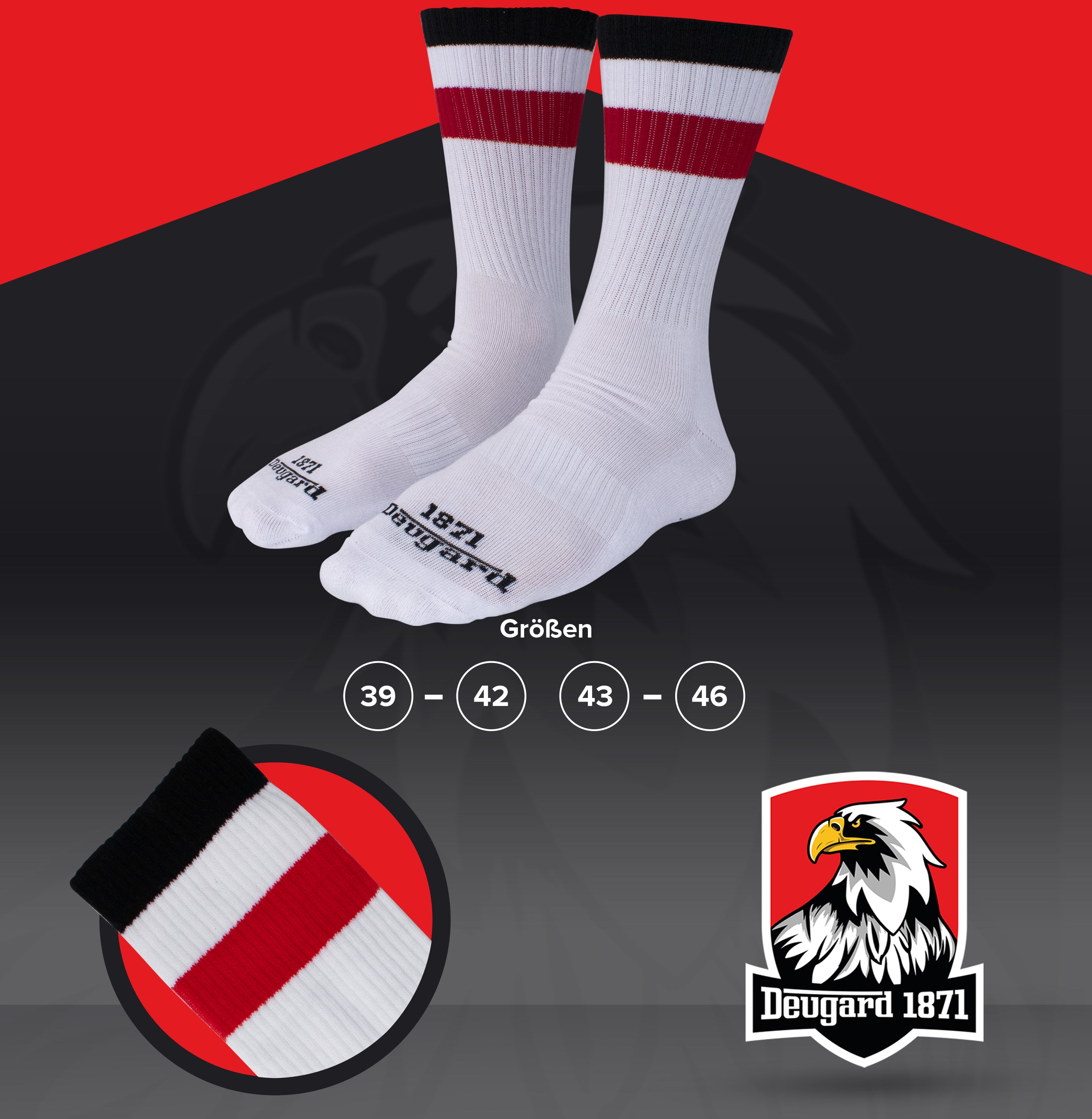 10er Pack weiße Socken, halbhoch, schwarz-weiß-rot gestreift, Deutschland Socken