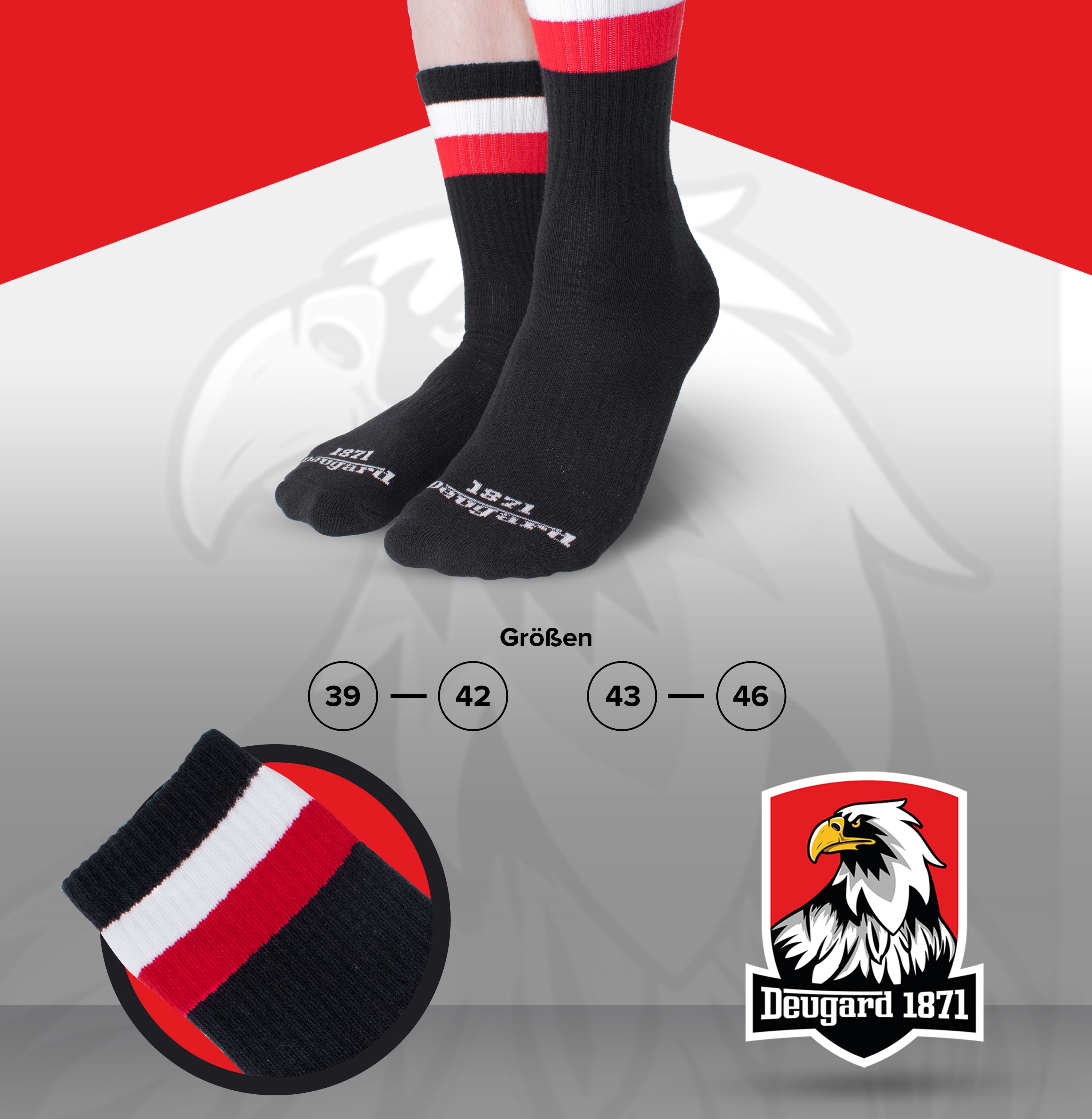 Schwarze Socken, halbhoch, schwarz-weiß-rot gestreift