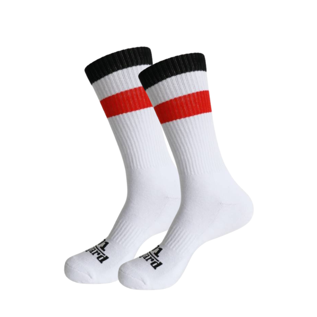 Fußballsocken, weiß, mit schwarz-weiß-roten Streifen