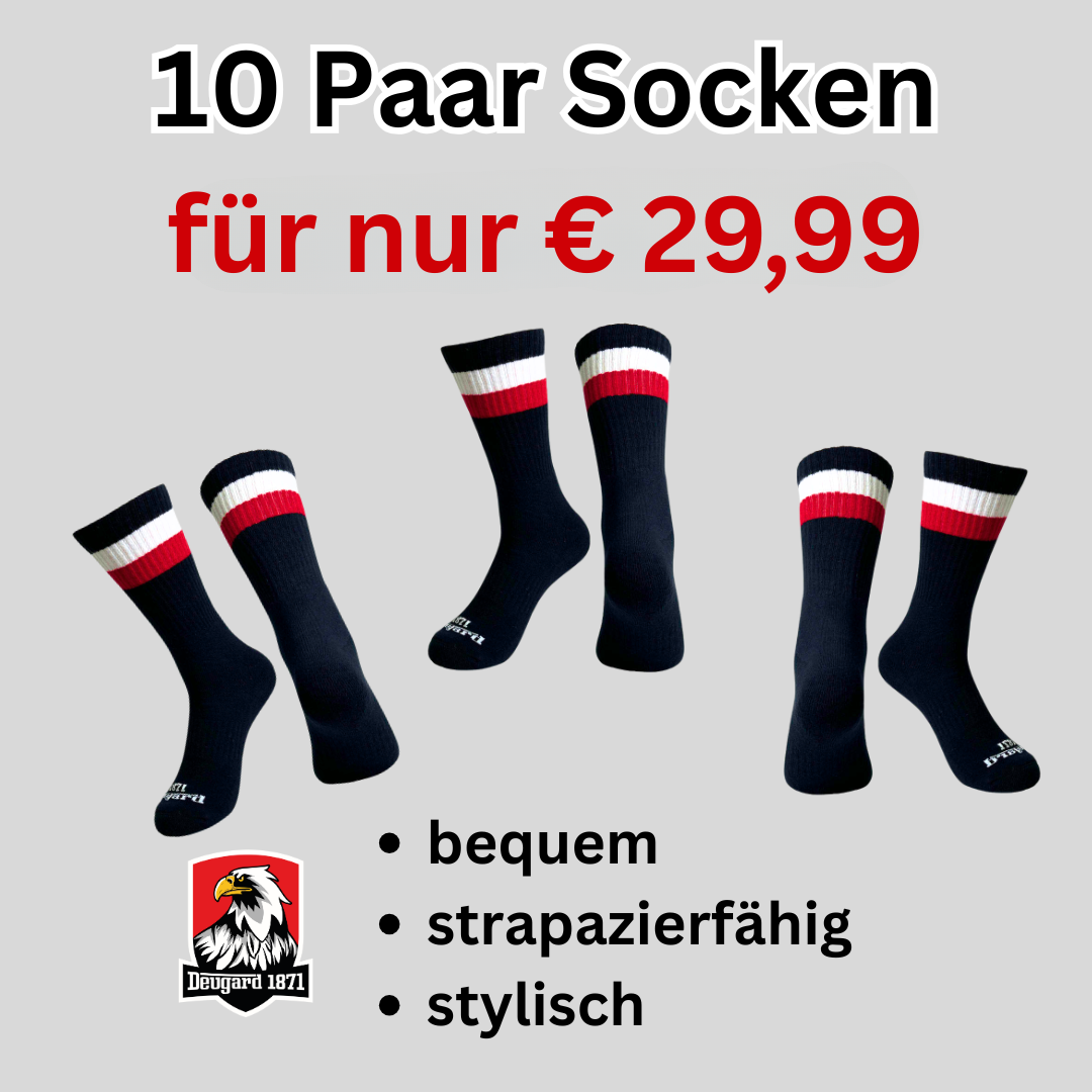 10er Pack schwarze Socken, halbhoch, schwarz-weiß-rot gestreift, Deutschland Socken