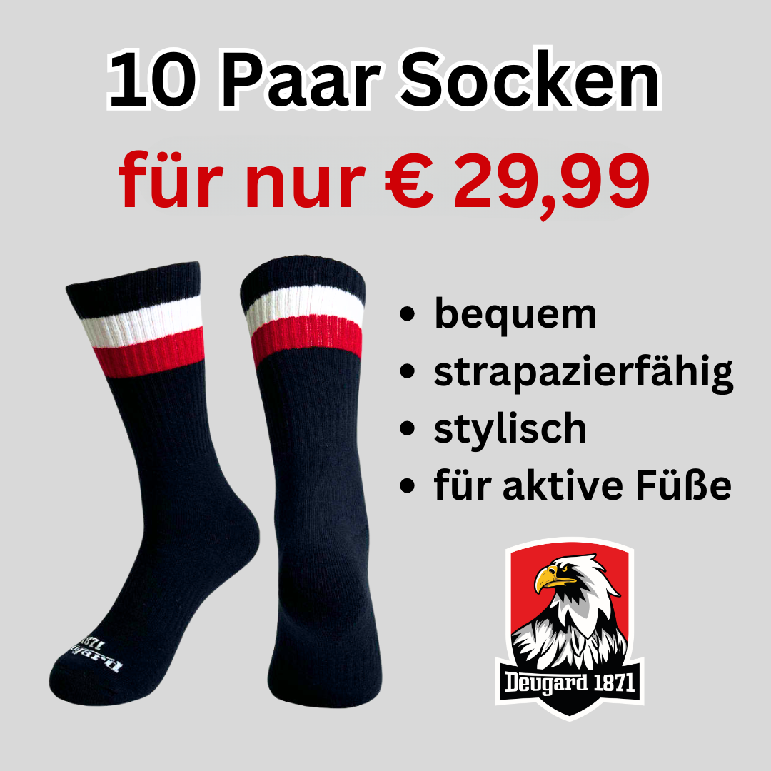 10er Pack schwarze Socken, halbhoch, schwarz-weiß-rot gestreift, Deutschland Socken