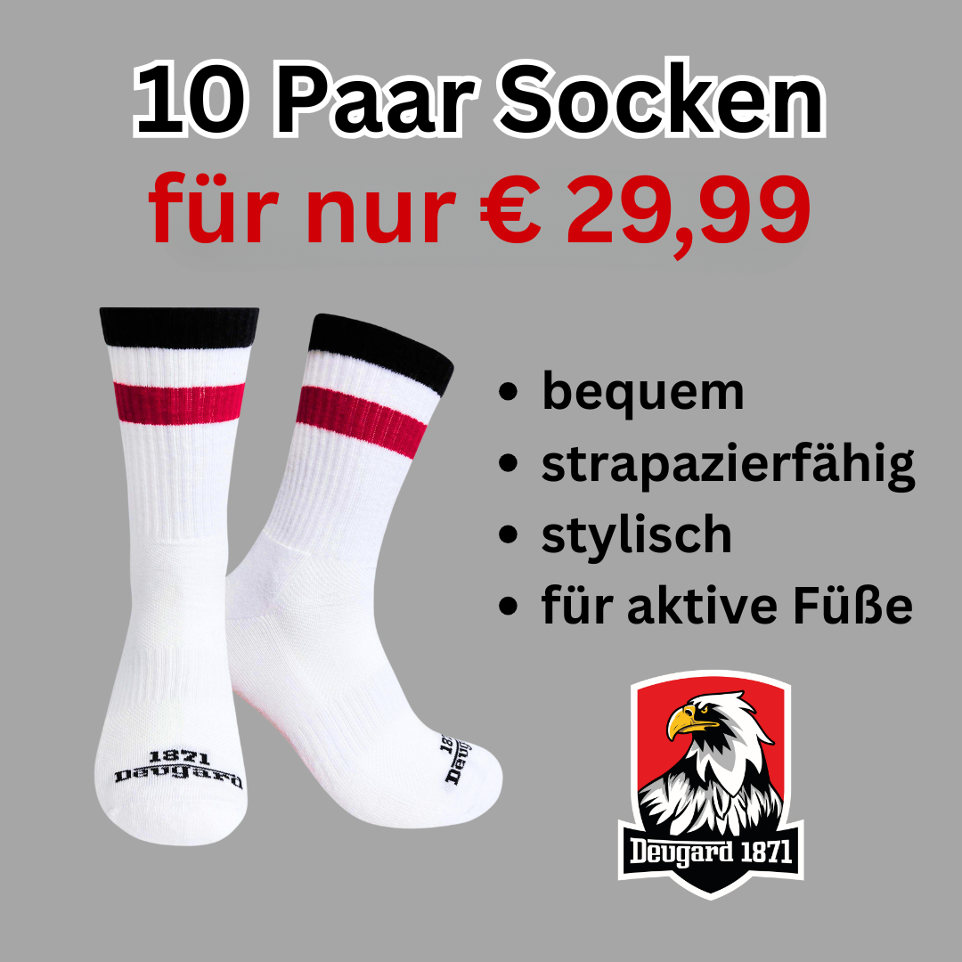 10er Pack weiße Socken, halbhoch, schwarz-weiß-rot gestreift, Deutschland Socken