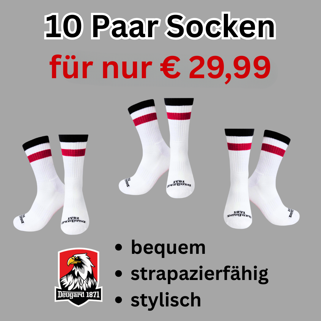 10er Pack weiße Socken, halbhoch, schwarz-weiß-rot gestreift, Deutschland Socken