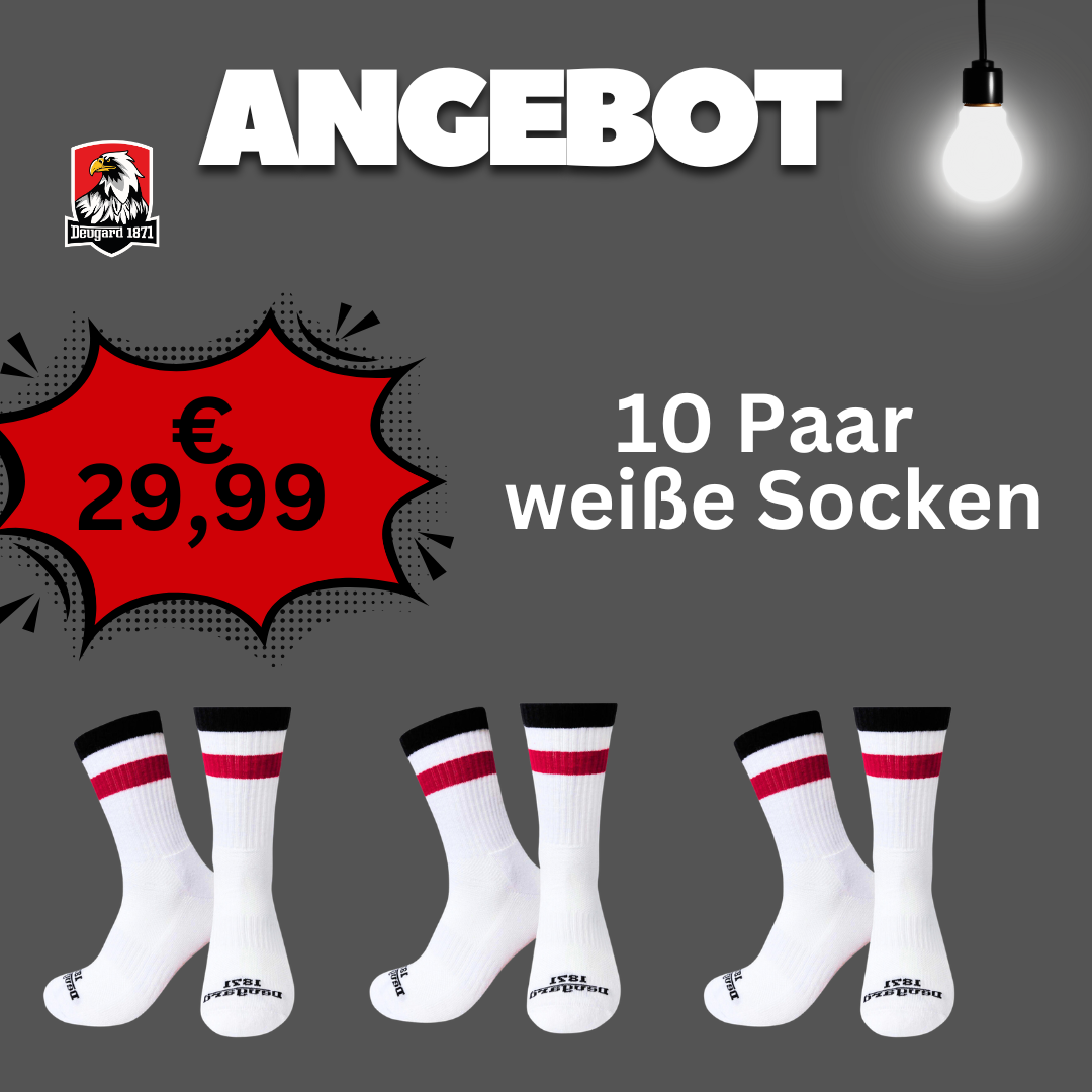 10er Pack weiße Socken, halbhoch, schwarz-weiß-rot gestreift, Deutschland Socken