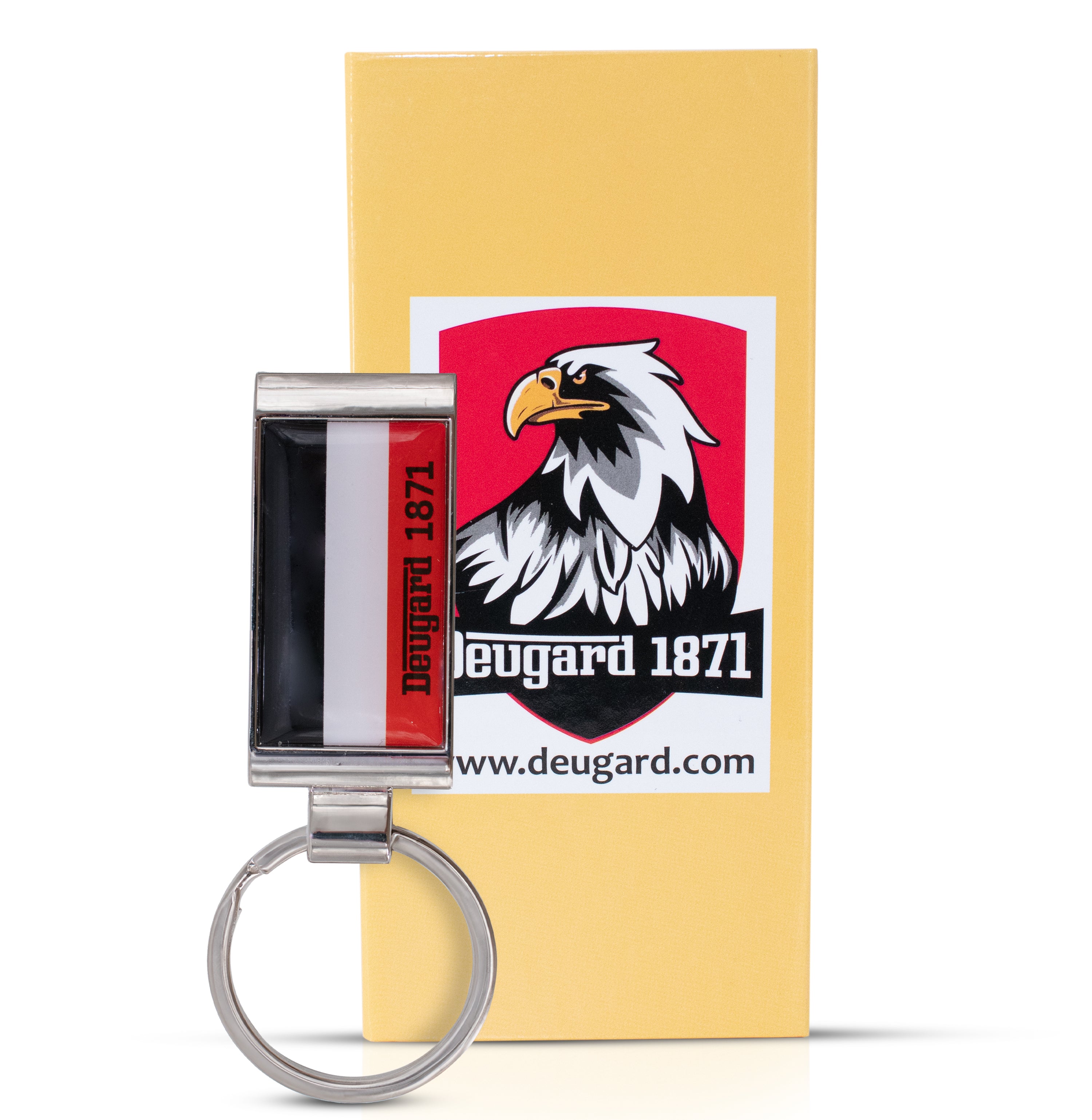 Schlüsselanhänger aus Metall mit Silikonpatch in schwarz-weiß-rot, gelbe Geschenkbox