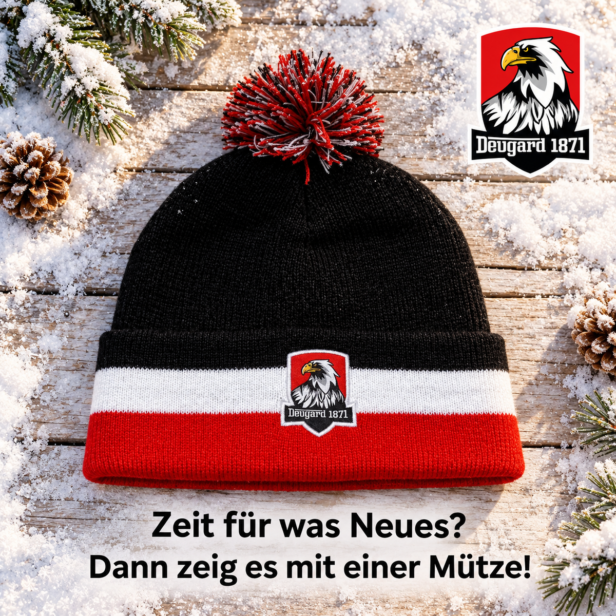 Skimütze mit Bommel schwarz weiß rot gestreift